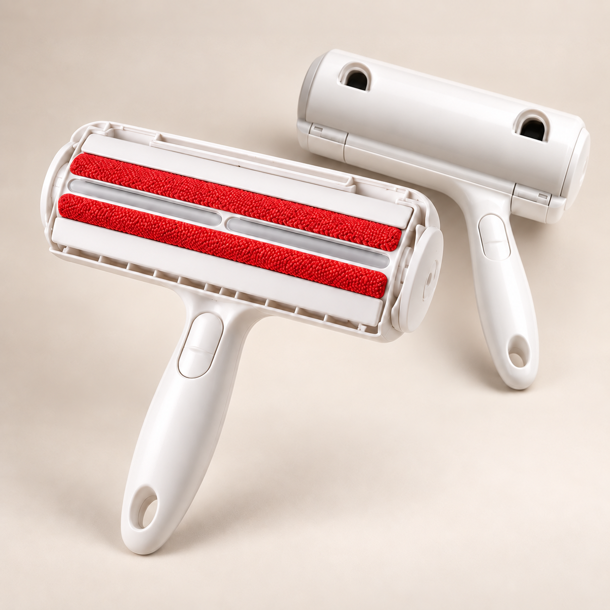 Rouleau anti-poils FurLess blanc à manche unique avec doubles bandes rouges et compartiment intégré